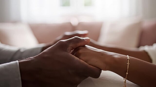 Close up of a man and woman holding hands tenderly. This scene captures a moment of support, love, and connection in a bright living room. Ideal for relationship or mental health support themes.
