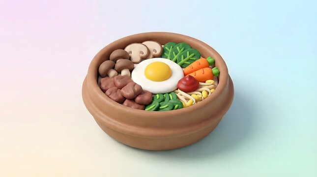 3D Clay Style Bibimbap Bowl Illustration with Egg Mushrooms and Vegetables Korean Food Render