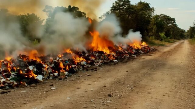 Village dirt road lined with burning trash polluting the air