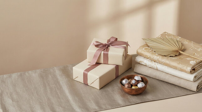 Elegant preparations for Eid al-Fitr gifts on a soft textured greige silk runner