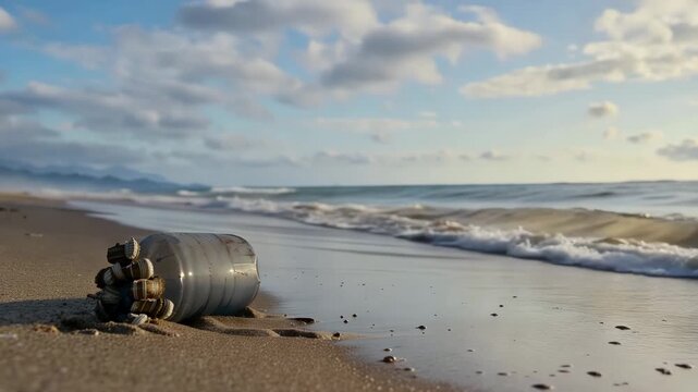 Plastic bottle covered in barnacles on beach with moving sky above