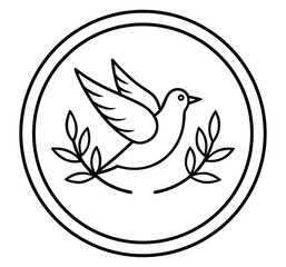 A minimalist line drawing depicts a dove carrying an olive branch within a circular frame
