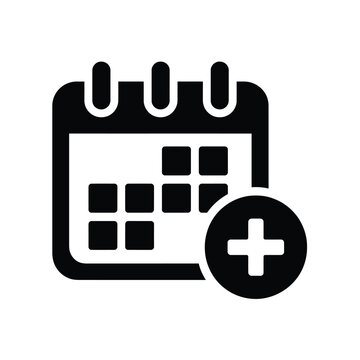 Black calendar icon with a plus symbol representing event scheduling