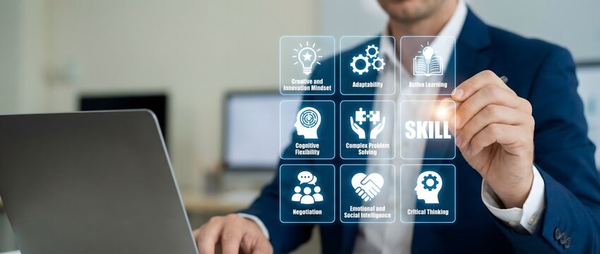 Professional businessman interacts with a futuristic holographic screen displaying "skill" and various competency development icons.