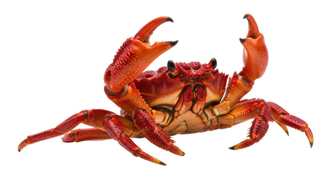 Red land crab PNG isolated on transparent background, colorful tropical crustacean with claws up, exotic wildlife animal