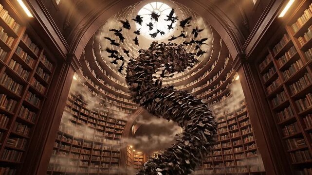 Books Transform into Ravens in Sunlit Library