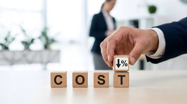 Hand places a wooden block with a downward percentage arrow on "cost" blocks, symbolizing cost reduction.