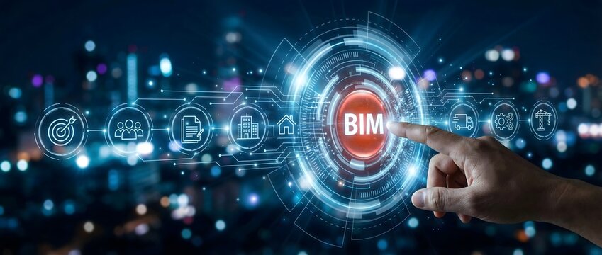 Hand points to a glowing bim icon in a futuristic interface amidst city lights at night.