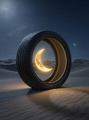 A car tire framing a glowing crescent moon in a desert landscape at night © AsmArif