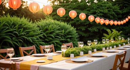 Obraz premium Outdoor Dinner Party Table Setup Under String Lanterns in Garden