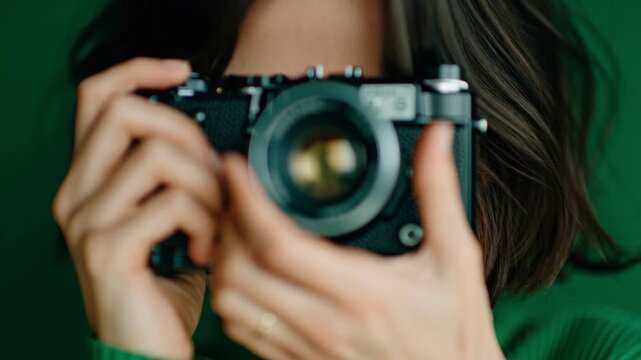 Female Photographer Pointing Vintage Lens Toward Viewer On Green Backdrop. Portrait Focus, Creative Career, Studio Session.