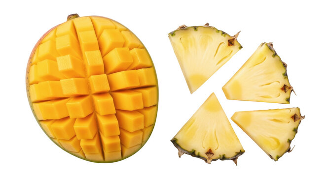Delicious mango cut into cubes isolated PNG, alongside pineapple slices on a transparent backdrop, tropical fruit for healthy eating and summer designs