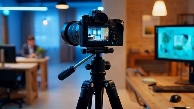 Camera on tripod in office setting