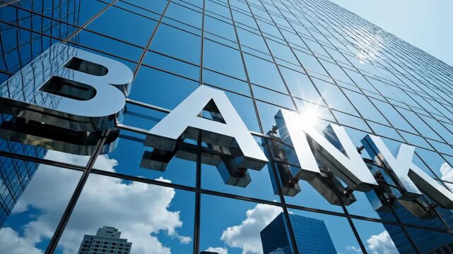 Modern bank building with glass facade reflecting the sky