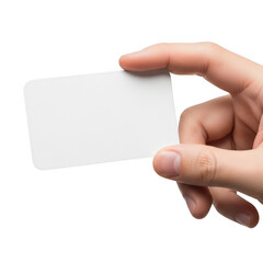 A hand holding a blank white card against a white background. isolated on transparent background