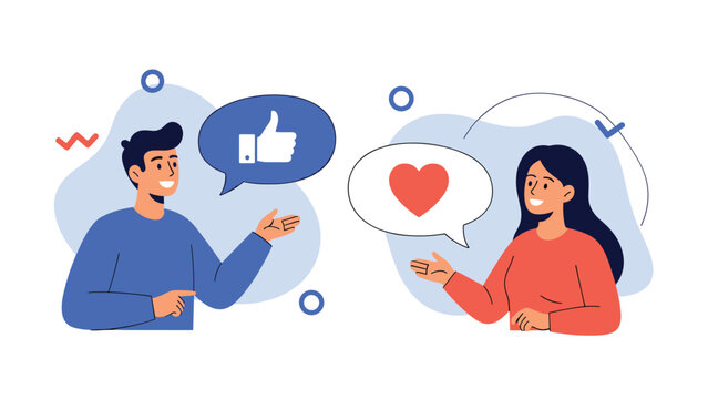 Man and woman communicating with speech bubbles containing a thumbs-up and a heart icon, symbolizing social media interaction and positive feedback.