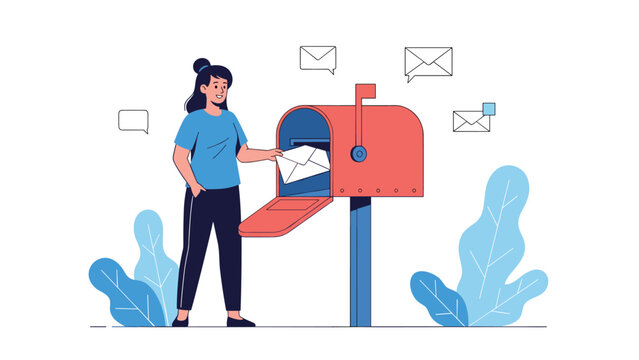 Woman putting an envelope into a traditional red mailbox, with flying letters, symbolizing sending mail, communication, or postal services.