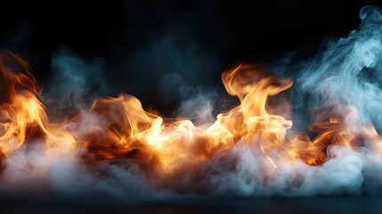 Fototapeta premium A captivating swirl of bright orange flames and thick smoke contrasts against a deep black backdrop, creating a dramatic and intense atmosphere for various design needs.