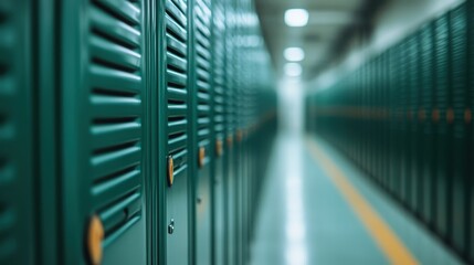 Fototapeta premium A perspective view of a row of green lockers in a well-lit modern hallway, capturing a sense of organization and functionality commonly found in schools or gyms.