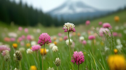 Obraz premium A vibrant field of wildflowers in various colors, set against the backdrop of a stunning mountain landscape shrouded in mist, capturing nature's beauty and tranquility.