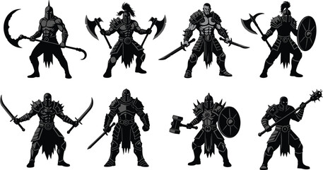 Fantasy warrior silhouette illustration, medieval armored fighter artwork, black and white character design, weapon combat art, heroic battle stock image © Dilip