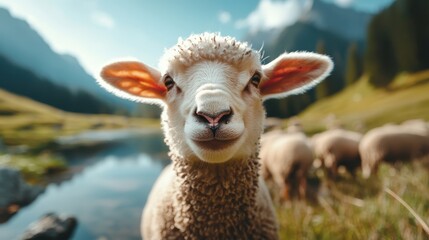 Obraz premium A cute young sheep stands inquisitively outdoors, radiating innocence and curiosity against a lush green landscape, symbolizing nature's charm and rural life.