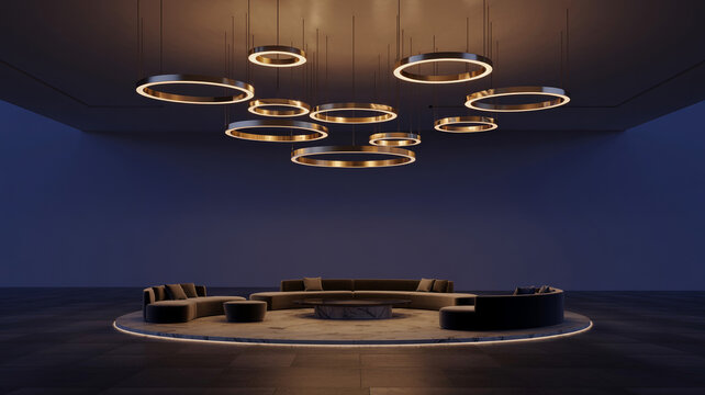 Schwebende Ring-Leuchten in einer modernen Lobby