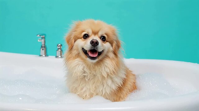 Small dog in a bubble bath