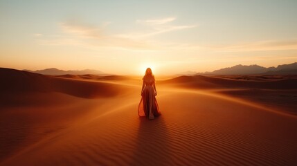 A silhouette of a woman walking towards a stunning sunset captures the essence of hope, freedom, and exploration, symbolizing the adventure of life and the beauty of the journey.