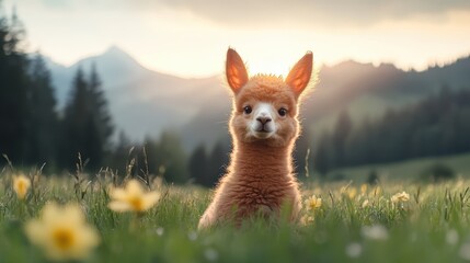 Fototapeta premium A cute, fluffy alpaca with oversized ears sitting in a lush, sunlit meadow filled with wildflowers, embodying a serene and joyful connection with nature.