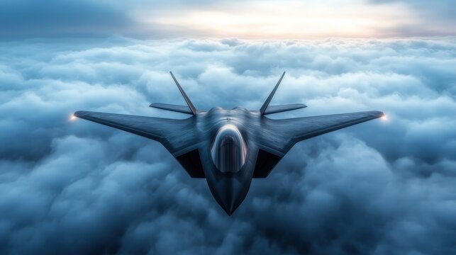 A cutting-edge jet soars above a sea of fluffy clouds, symbolizing the future of aviation technology and human ingenuity amidst a breathtaking sky at dusk.