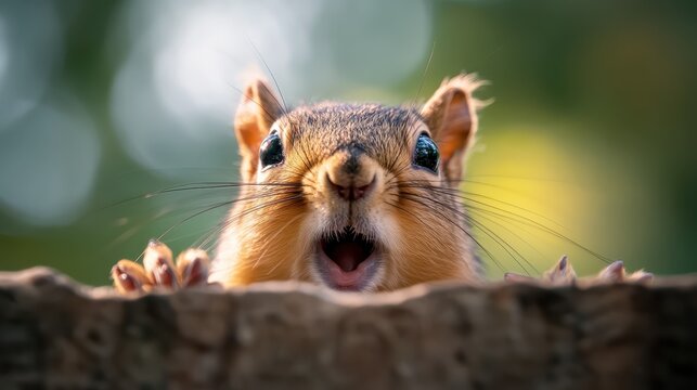 This adorable close-up features a surprised squirrel peeking out from behind a log, revealing a playful expression in its bright eyes and showcasing the charm of wildlife.