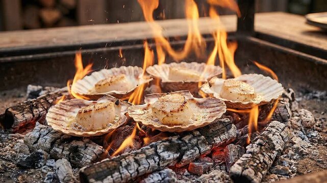 Scallops Grilling Over Open Fire with Flames and Smoke.