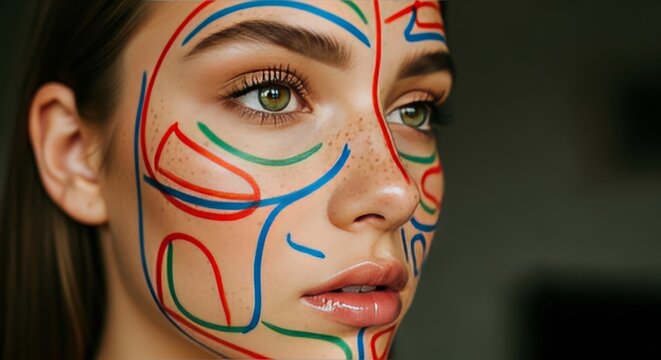 Woman with Colorful Face Paint Design.