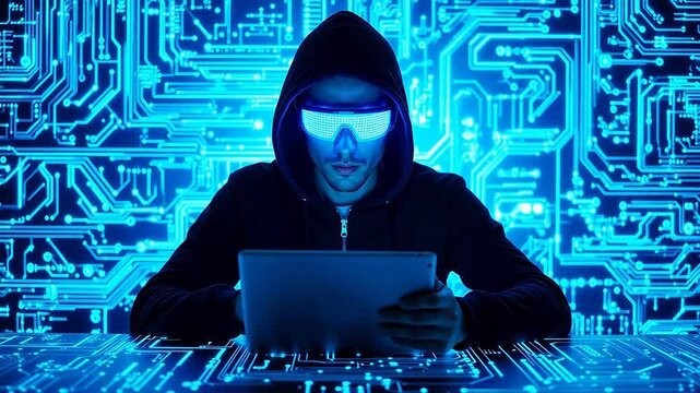 Hacker with glowing glasses on tablet