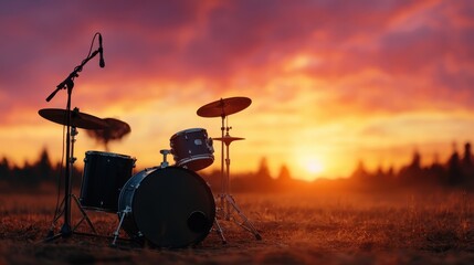 A captivating silhouette of a drum set set against a vibrant sunset, emphasizing the beauty of music during twilight and the joy it brings to life and celebrations.