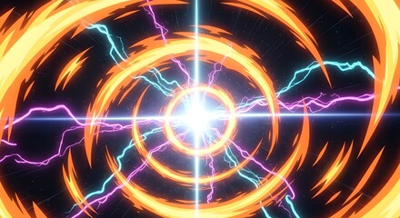Obraz premium Electric energy burst with glowing orange rings and vibrant pink and blue lightning bolts radiating from a bright central light source in space style
