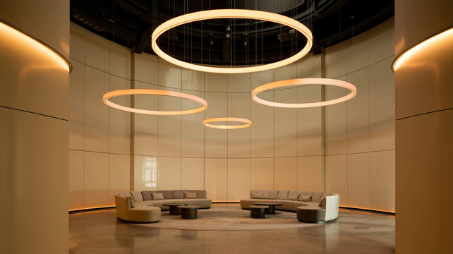 Schwebende Ring-Leuchten in einer modernen Lobby