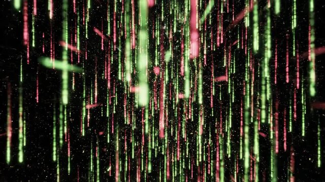 Vibrant digital rain of green and pink neon lights on black background with glowing effect