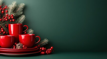 Fototapeta premium Celebrate the holiday spirit with this vibrant arrangement of red cups, green foliage, and bright berries against a rich green backdrop, perfect for seasonal gatherings.