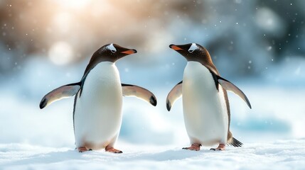 Obraz premium These two charming penguins stand facing each other in a snowy landscape, illustrating the beauty of companionship and the natural elegance of wildlife in their habitat.