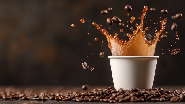 A dynamic image capturing the moment coffee splashes from a cup, with scattered coffee beans adding depth, perfect for embodying energy and coffee culture.