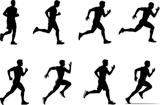 Collection of eight black silhouettes of men running in different poses