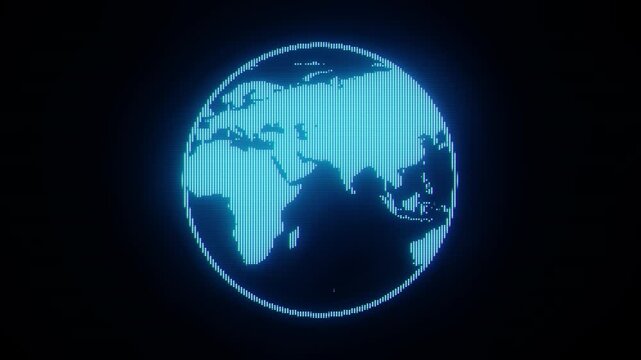CRT blue glowing dotted planet Earth isolated on a black background. Moving the blue planet in a retro screen flat design. Big data technology, business, communication, or digital concept