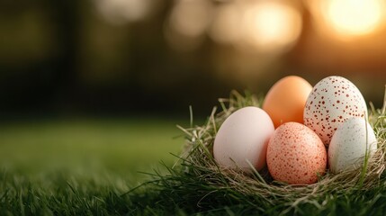 Obraz premium A beautifully arranged collection of colorful Easter eggs nestled in a natural grass nest, symbolizing renewal, celebration, and the joyful spirit of springtime festivities.