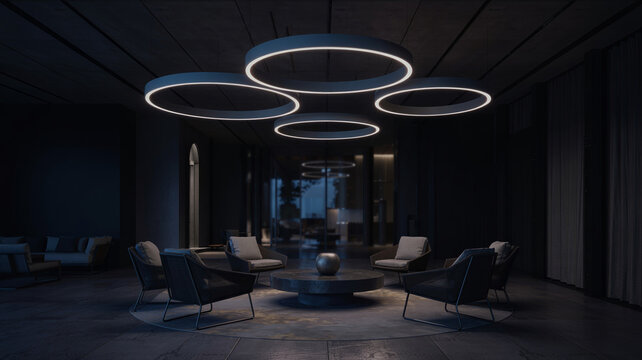 Schwebende Ring-Leuchten in einer modernen Lobby