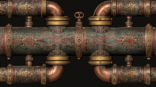 AI Generated. AI Generative. Steam punk pipes valve connection pattern decoration wallpapper design. Graphic Art