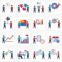 Fototapeta premium Business and Teamwork Activities Grid – Abstract Vector Illustration Set PNG background, business teamwork, abstract people, geometric figures, teamwork concept, brainstorming, innovation, 