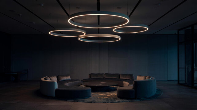 Schwebende Ring-Leuchten in einer modernen Lobby