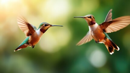 Fototapeta premium Two stunning hummingbirds hover in mid-air against a soft green background, showcasing their brilliant colors and unique features in perfect synchronization.